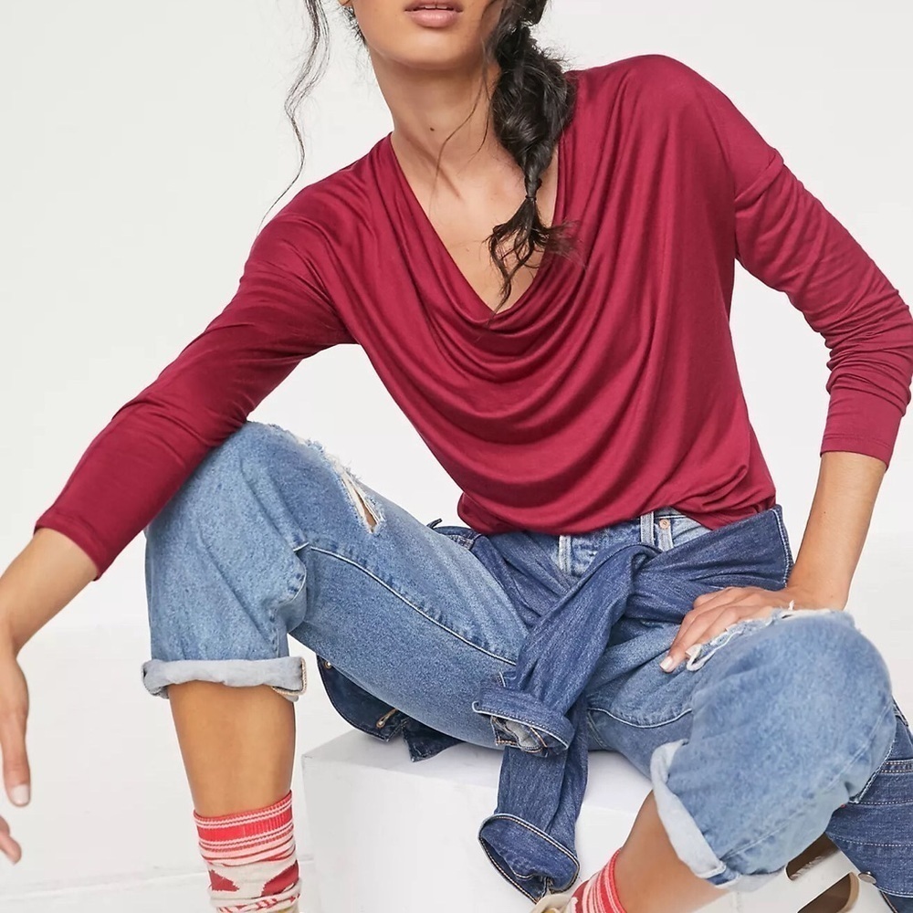 BY ANTHROPOLOGIE Lisa Draped Front Long Sleeve Stretch Plum Top L